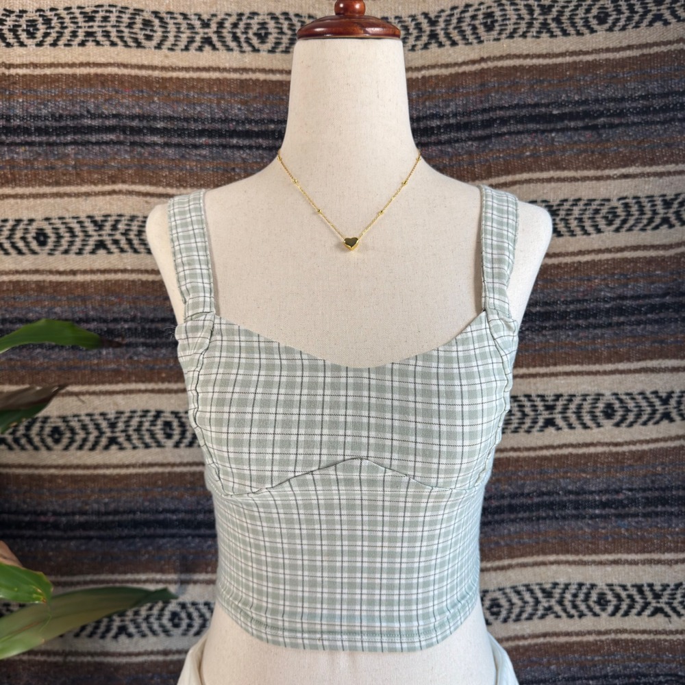 Hollister Sage Green Plaid Advanced Stretch Sweetheart Crop Cami Top XS